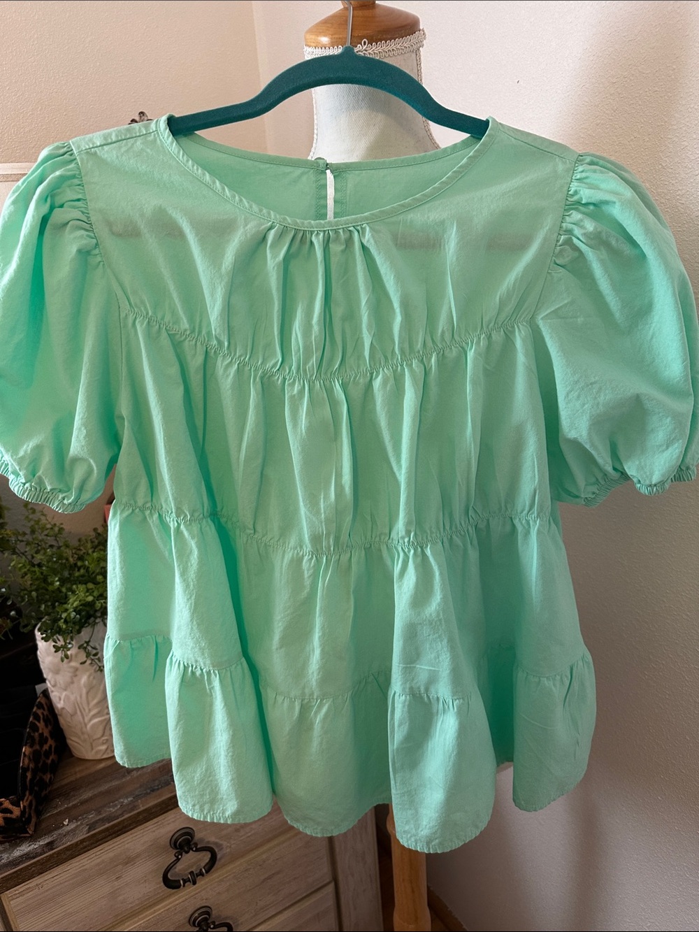 Amazon Mint Green Tiered Puff Sleeve Blouse